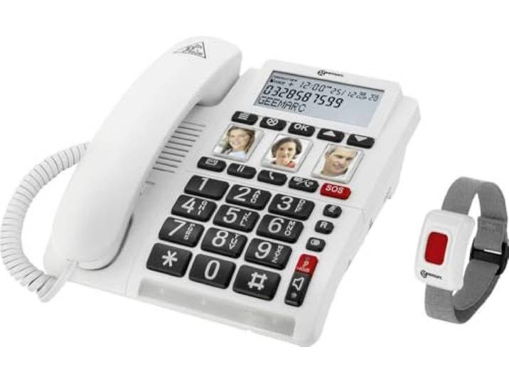 Geemarc CL610 - Bedrade Noodtelefoon en Waterdichte SOS Polsband met Versterkt Volume en Aanpasbare Fotoknoppen - Ideaal voor Alleenwonende Ouderen en Slechthorenden