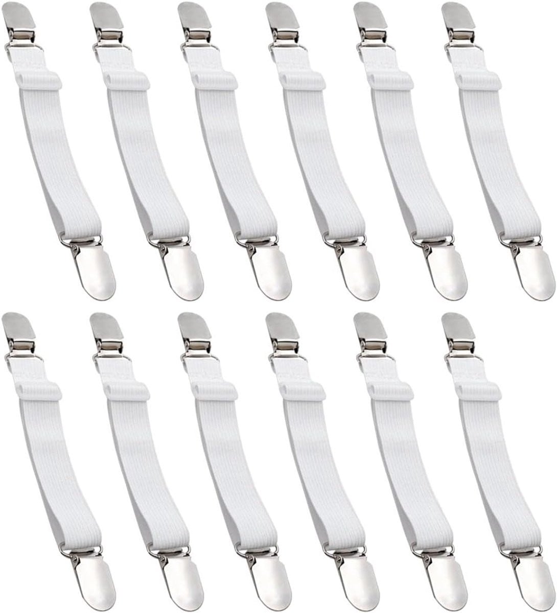 12 stuks Verstelbare Lakenspanners met Metalen Clip - Wit - Voor bedlakens van 65-100 cm