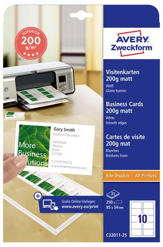 Avery-Zweckform C32011-25 Bedruckbare Visitenkarten, glatte Kanten 85 x 54mm Weiß 250 St. Papierformat: DIN A4