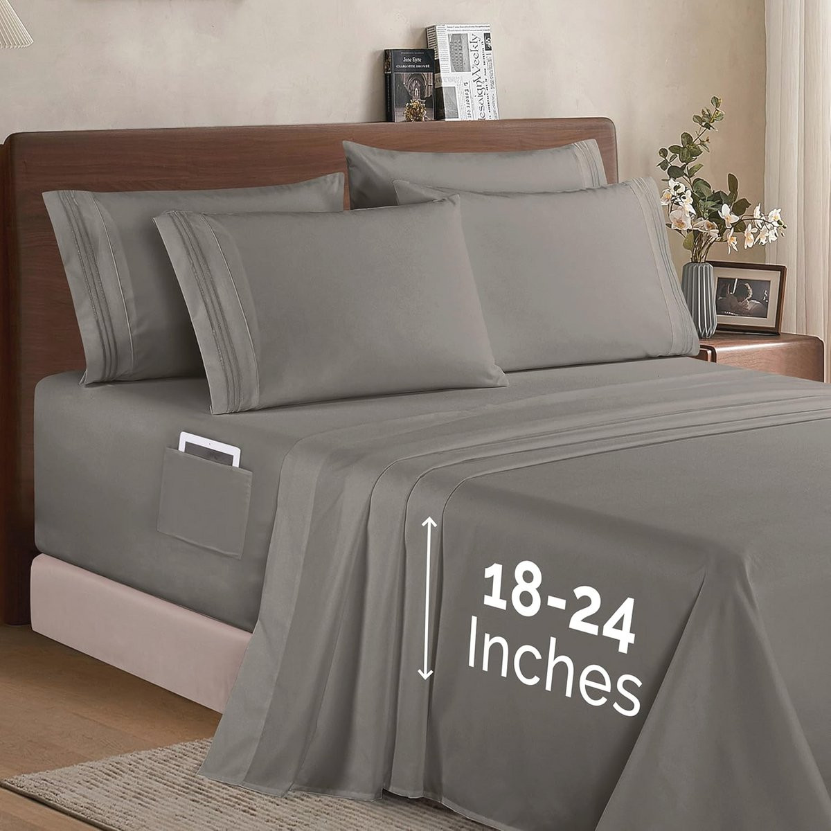 6-delige Premium Katoenen Laken Set met Extra Diepe Hoeken - Grijs