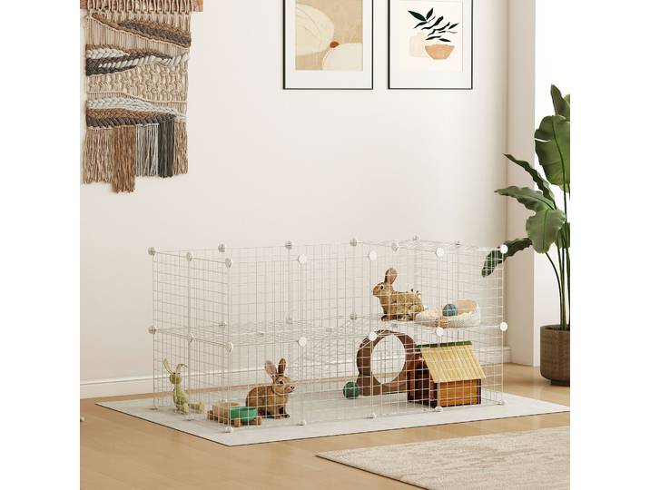 PawHut Enclos Modulable 2 Niveaux Acier 146x73x73cm Blanc