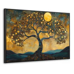 LEINWAND Bilder mit Rahmen - Baum - Mond - Blumen - Gold - Kunst - 90x60