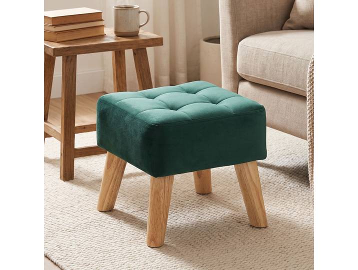 HOMCOM Ottoman Tissu Vert Foncé 27x27x26cm Pieds Bois Salon