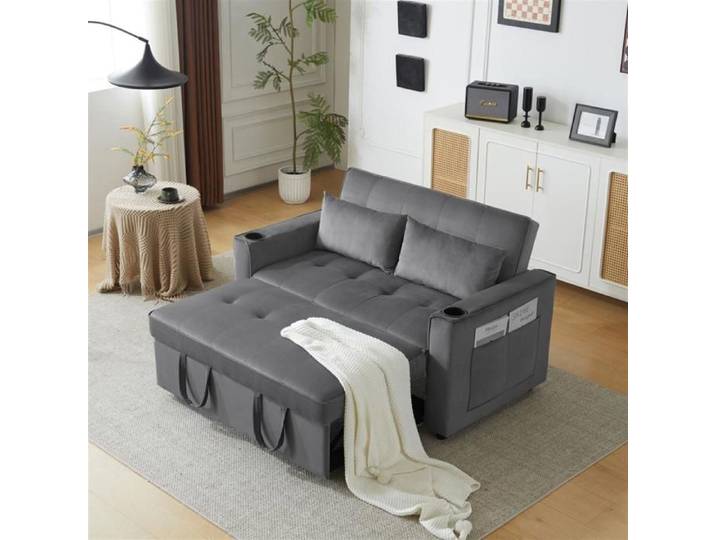 GUTENT Canapé-lit 2 places gris velours – porte-gobelets dossier 3 positions bois massif