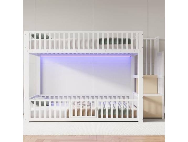Metallbett Etagenbett 140x200 mit LED-Licht & Leiter & Stauraum, Weiß Multifunktionales Kinderbett Etagenbett 140x200 mit LED-Beleuchtung, Leiter, Stauraum und Rausfallschutz, Ohne Matratze