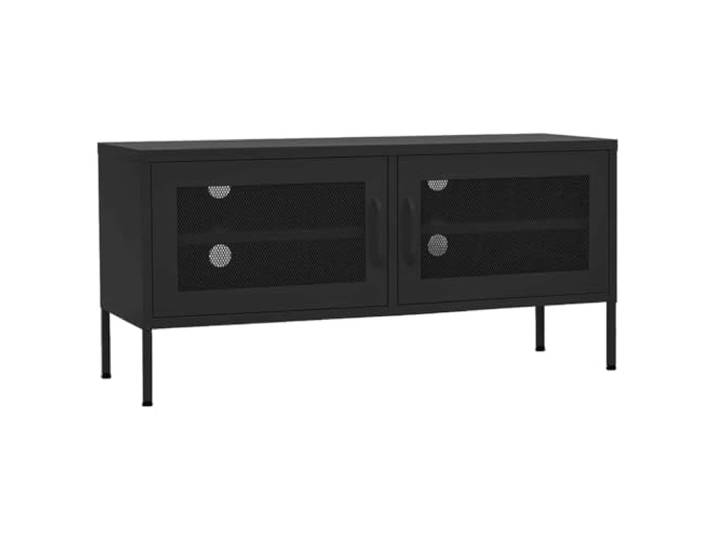 LMTYOENFG TV-Schrank Schwarz 105x35x50 cm TV Board Lowboard aus Stahl Robustes Metall TV-Board fürs Wohnzimmer mit 2 Gittertüren, Kabeldurchlässen und Höhenverstellbaren Füßen.