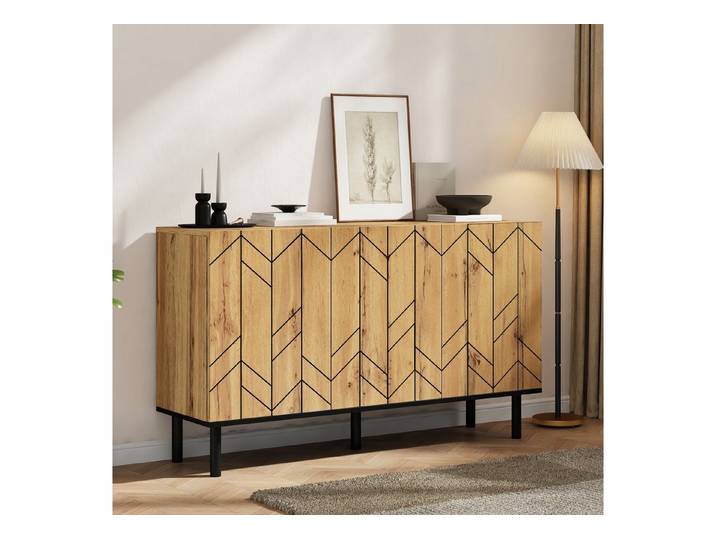 Fine Life Pro Sideboard Moderne Wellenmuster-Kommode mit 3 Türen., Stabiles Sideboard, Naturholz-Optik, bis 50 kg belastbar.