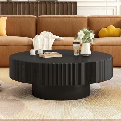 "Round Coffee Table with 6.8"" Thick Tabletop, Modern Drum End Table, Minimalist Fluted Center Table with Sturdy Base"
