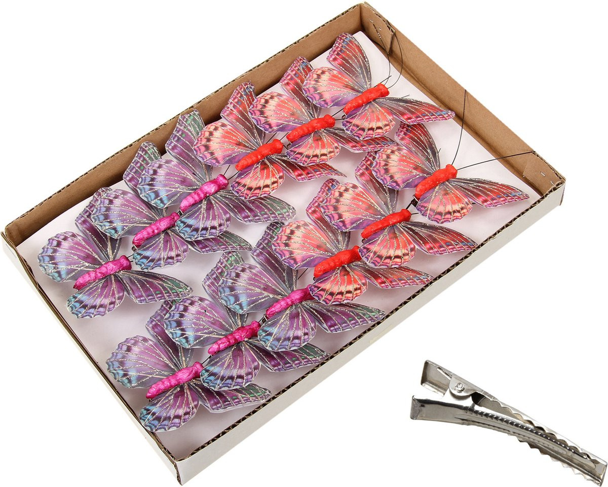 Othmar Decorations decoratie vlinders op clip - 12 stuks - rood/paars - Hoogte: 9 cm