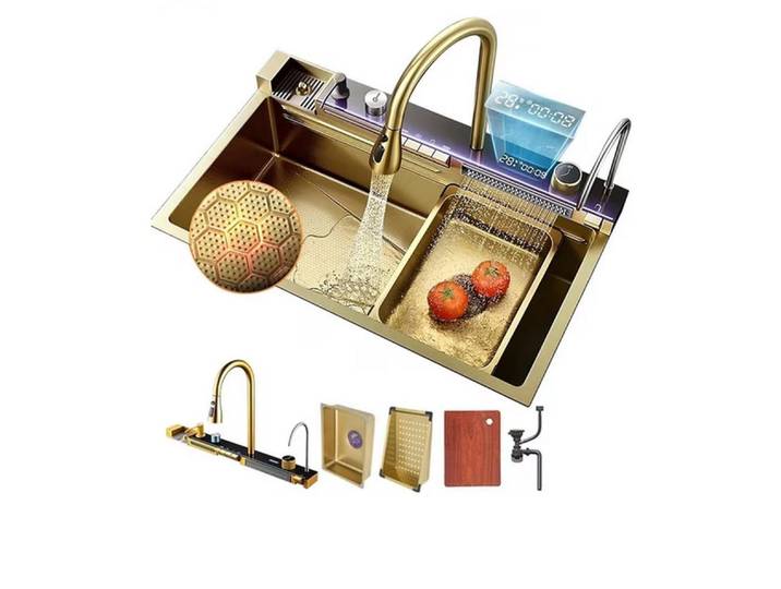 Faizee Home Edelstahlspüle Premium Küchenspüle Viele Farben Wasserfall Küchenarmatur Zubehör Set