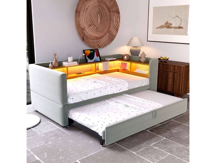 Canape-lit 90-180 x 190 cm LED prises rangement gris clair