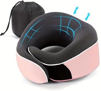 Uplifted Trends Ergonomic Travel Neck Pillow Memory Foam Support For Airplane & Car Portable & Compact With Storage Bag pink