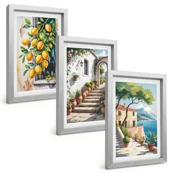 BILDER SET 3er Set - 20x30 cm Silberner Rahmen - Zitronen, Blumen, Meerblick