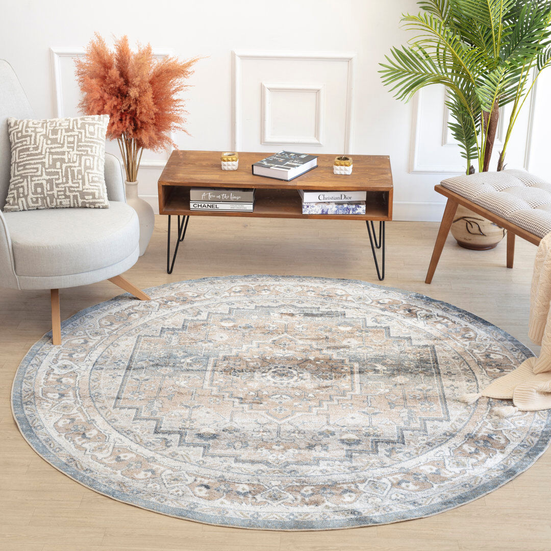 Blue Elephant Machine Washable Traditional Boho Navy Blue Area Rug White;Brown;Blue Round 201cm