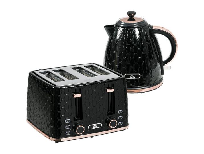 Homcom Kocher-Toaster-Set 2er Set Kunststoff Stahl Schwarz, 19.5x23.4x24.2 cm, Kochgeschirr, Küchengeräte, Wasserkocher