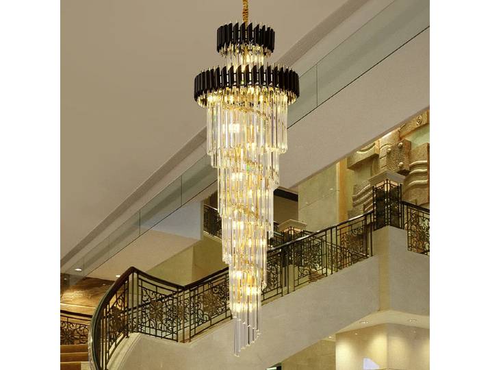 Lustre moderne de luxe en cristal pour loft, luminaire noir/doré, décoration de villa, hall, salon, éclairage suspendu long pour escalier