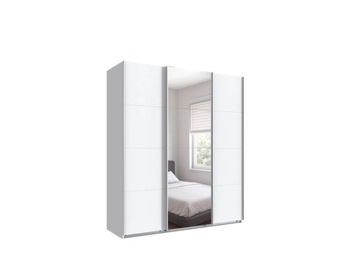 Schwebetürenschrank Kleiderschrank B180 cm H208 cm 3-türig Weiß, 1x Spiegeltür / 22511
