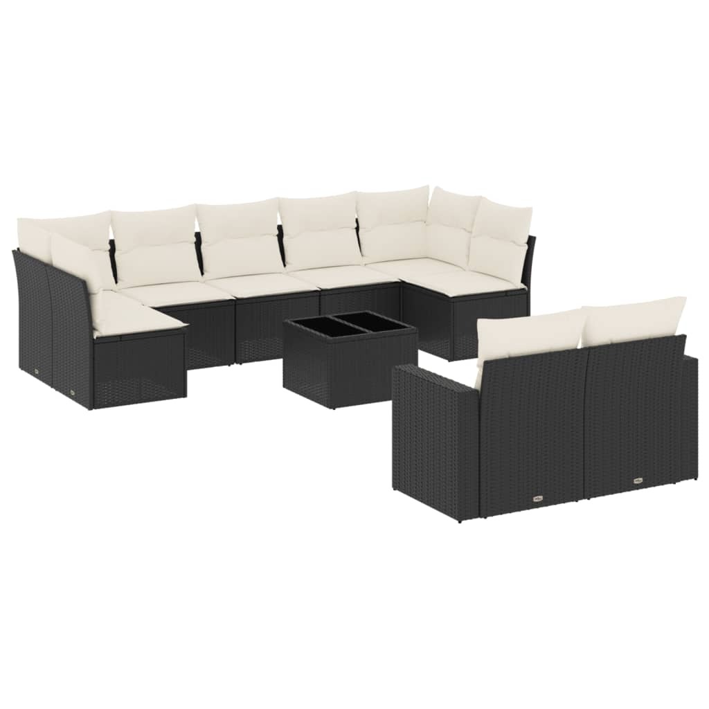 10-tlg. Modulares Gartensofa-Set, Lounge-Garnitur für Terrasse, PE-Rattan Schwarz, mit Stauraum, wasserabweisenden Kissen Cremeweiß, Hartglas-Tisch