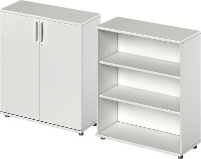 Schäfer Shop Genius Flügeltürenschrank + Regal TETRIS WOOD, 3 Ordnerhöhen, jeweils B 1000 mm, lichtgrau
