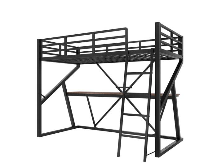 Lit superposé métallique enfant noir avec LED, bureau intégré