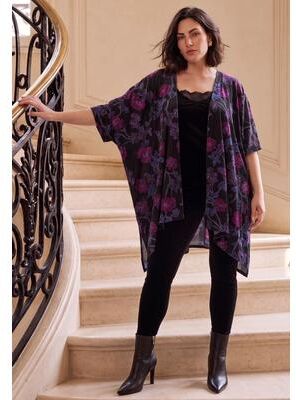 Plus Size Women's Plus Size Burnout Velvet Kimono by Roaman's in Black Gladiolus (Size 1X/2X)