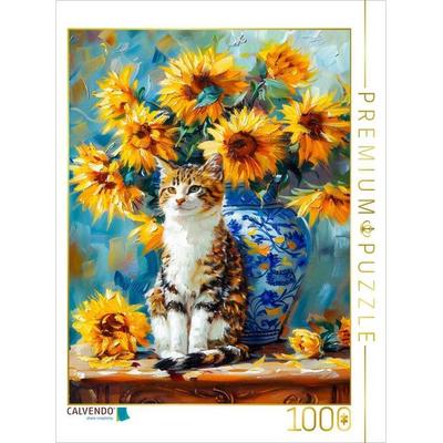CALVENDO Puzzle Katze im Stillleben mit Sonnenblumen in Blumenvase im impressionistischen Stil | 1000 Teile Lege-Größe 64x48cm Foto-Puzzle für