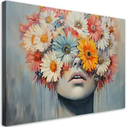 LEINWANDBILD Frau mit Blumen auf dem Kopf Grau Gold 120x80cm