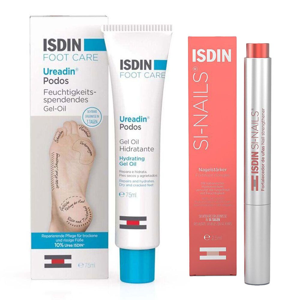 Isdin Si-Nails Nagelhärter + Isdin Ureadin Podos Gel-Oil Fußcreme Set 2,5+75 ml
