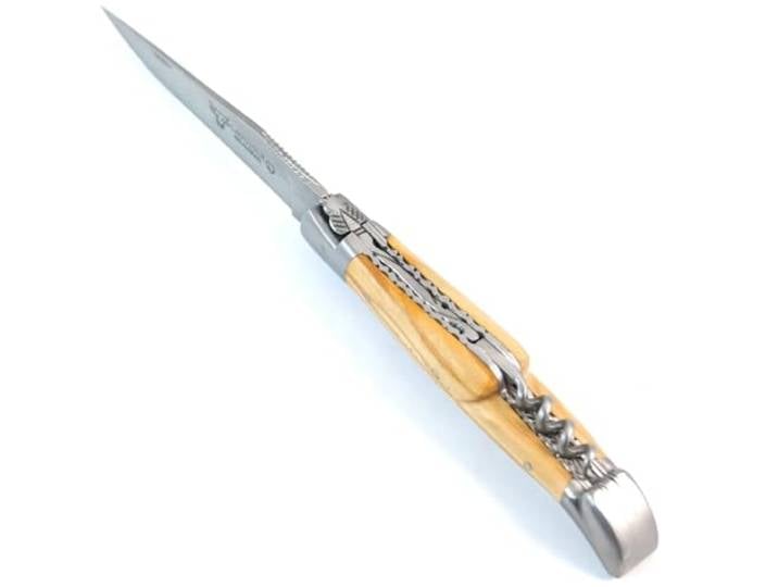 Laguiole en Aubrac Taschenmesser Olivenholz zweiteilig mit Korkenzieher Doppelplatinen 12C27 Stahl