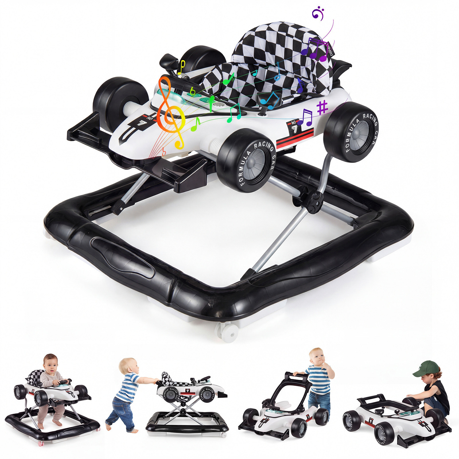 Costway 4-in-1 Loopwagen Autovormig met Stuur en Muziekdoos, Inklapbaar en Instelbare Hoogte, Wit