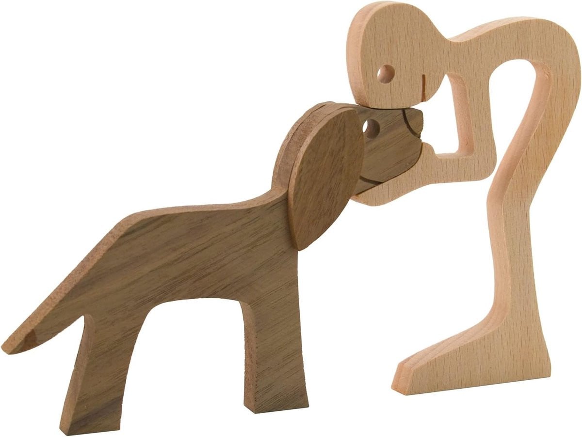 Handgesneden houten hond beeldje - Decoratief ornament voor op tafel