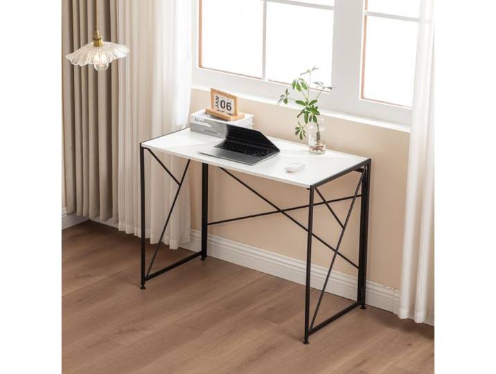 Bureau Pliant Droit 1 Personne Pliable et Peu Encombrant - MEUNIQ - MDF et Métal Blanc et Noir 99×50×75 cm