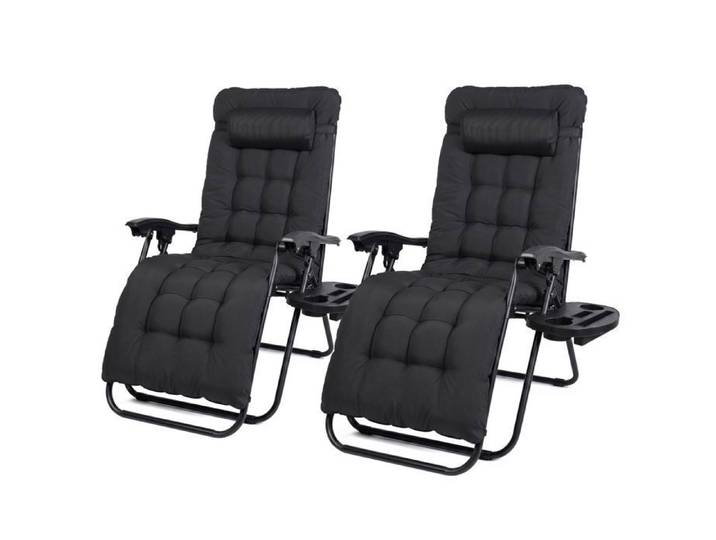 Todeco Chaise Longue Pliante avec Coussin amovible 2 en 1 Transat de Plage avec Porte-gobelet Bain de Soleil Lot de 2 Noir