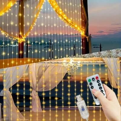 Uplift Picks 3M 4M 6M USB LED Curtain Fairy Lights With Remote 8 Modes warm Light 450led 4m(w) X 3m(h)