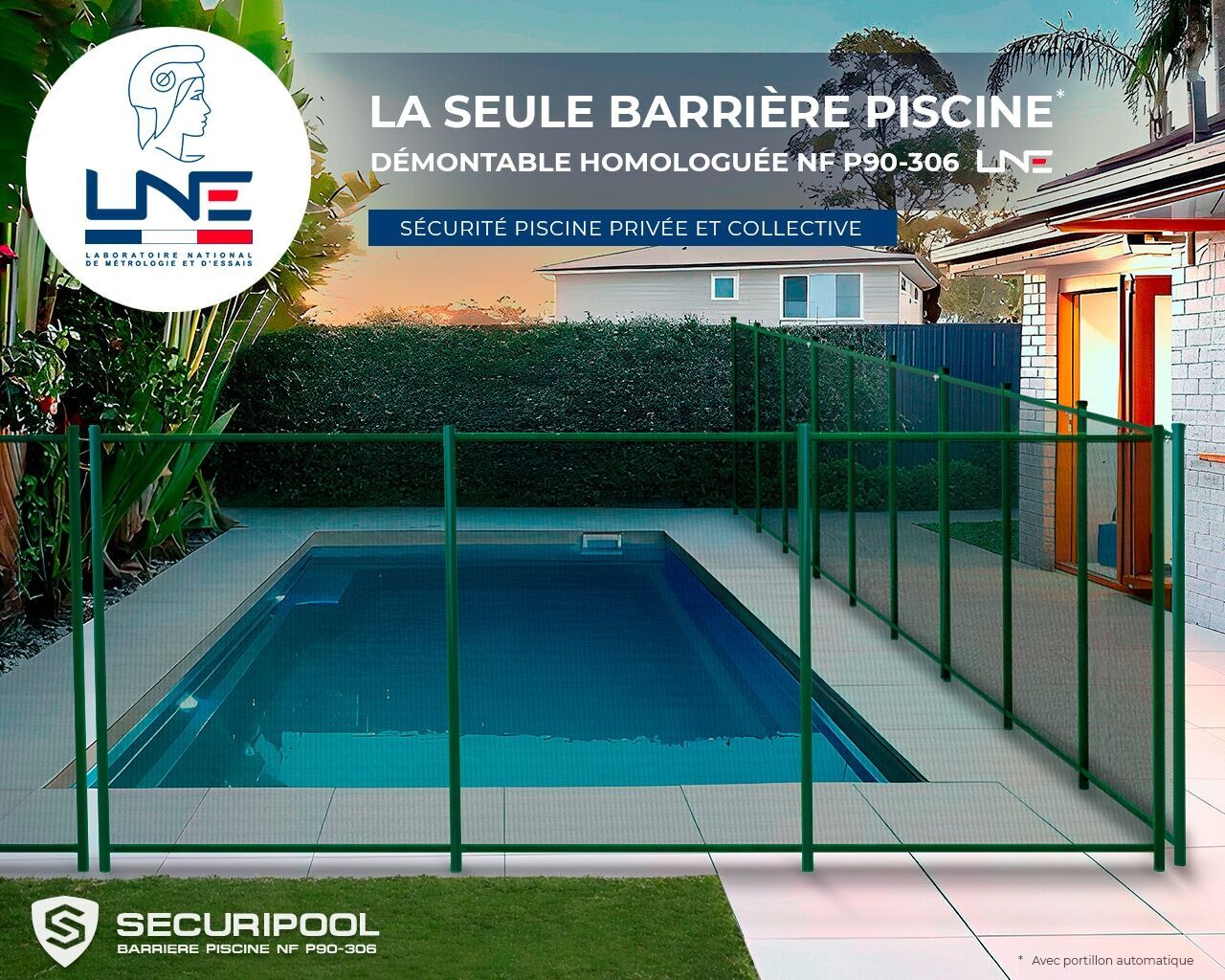 Barrière piscine démontable SECURIPOOL Verte 7m fixations 16mm NF P90-306 LNE