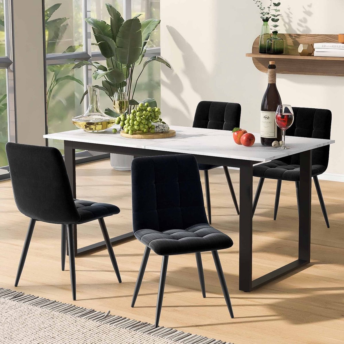MODFU Eethoekset met uitschuifbare tafel en 4 gestoffeerde stoelen - Wit - Modern
