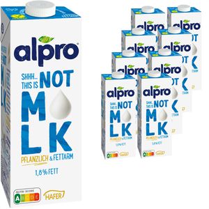 alpro Haferdrink aus europäischem Hafer, Not MLK Fettarm 1,8%, zuckerfrei, je 1 Liter, 8 Stück
