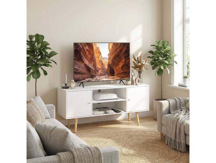 HOMCOM Meuble TV Scandinave Blanc 120cm 2 Portes Bois