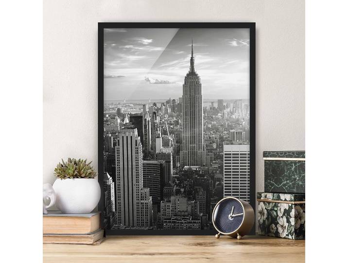 Bild Manhattan Skyline Papier Rahmen: Echtholz, furniert: Kiefer Schwarz/Weiß 70 x 100cm