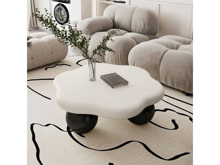 Table basse - Nuage - Plateau MDF laqué blanc crème - Pieds sphériques noirs - Ø 80 cm