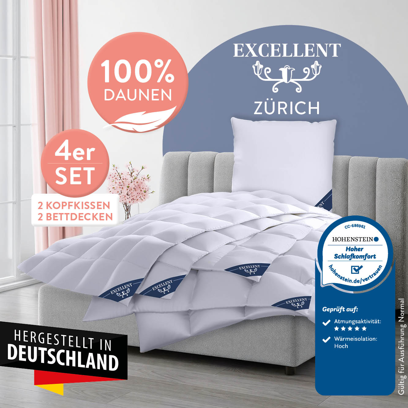 Daunenbettdecke + Federkissen EXCELLENT "Zürich, Bettdecke normal mit Bestnote "Hoher Schlafkomfort" bewertet.", weiss (weiß), B/L: 135cm x 200cm Anzahl Teile 2, B/L: 80cm x 80cm Anzahl Teile 2, Bezug: Baumwolle Füllung: Entendaune/-feder, extrawarm, Bett