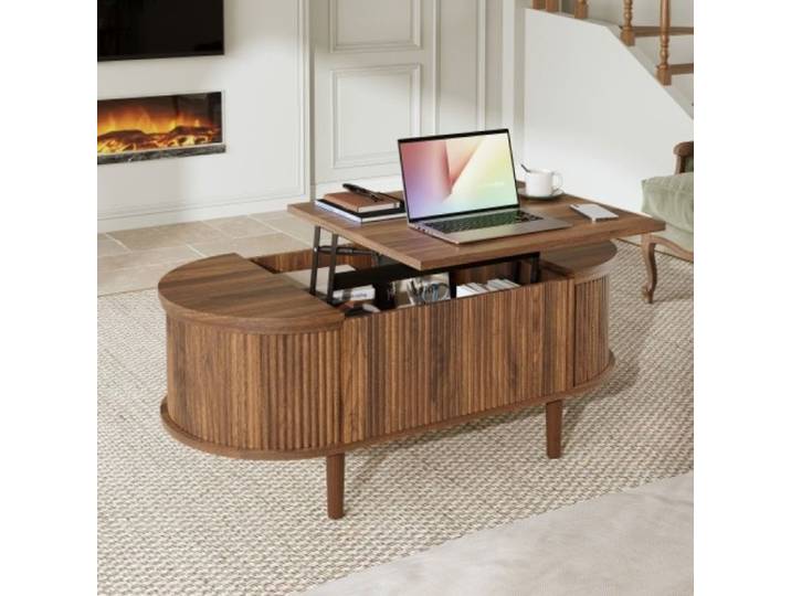Table basse salon ovale relevable Style vintage avec rangement multifonction