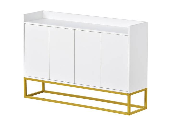 Buffet minimaliste blanc 4 portes sans poignées avec pieds dorés