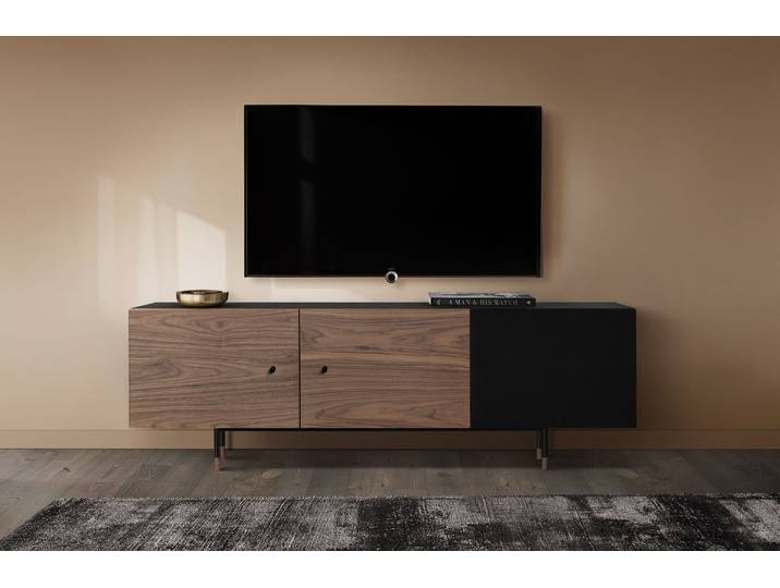 Kommode WOODMAN Jugend Kommode , braun (nuss, schwarz), B:150cm H:52cm T:45cm, Sideboards, Kommode, mit Holzfurnier aus Eiche, Skandinavisches Design, FSC