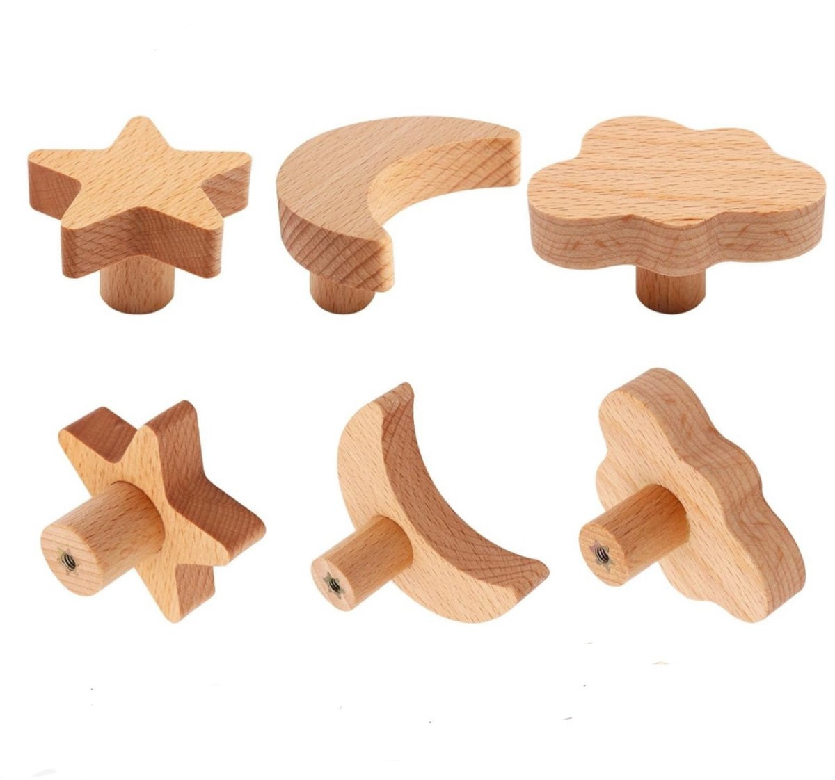 Set van 6 houten decoratieve meubelgrepen in ster-, maan- en wolkvormen