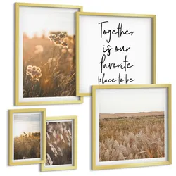 BILDER SET 5er Set - 50x50 cm & 20x30 cm & 40x60 cm Goldrahmen - Landschaftsgrasblumen Wärme