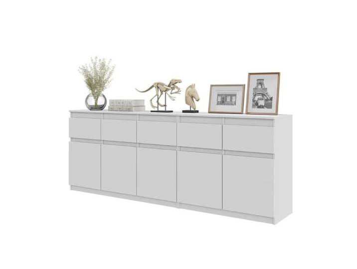Commode NOAH - 5 Tiroirs et 5 Portes - H75 cm x L200 cm x P35 cm (Blanc Matt)