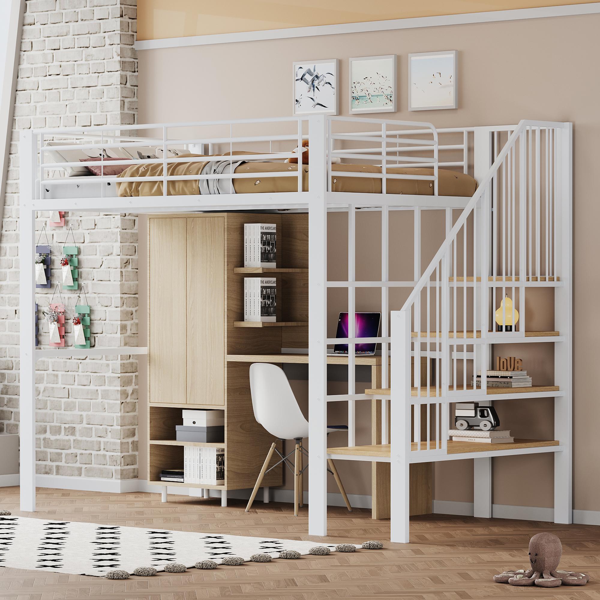 Merax Etagenbett Hochbett 140x200cm mit Treppe, Kinderbett mit Stauraum, Metallbett Belastbar bis 150 kg, Jugend- & Gästebett, Platzsparend, Weiß