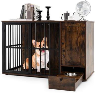 Costway 47.5 inch Dog Crate Furniture with Hidden Pull-out Bowls in Drawer for Small and Medium Dogs-Rustic Brown