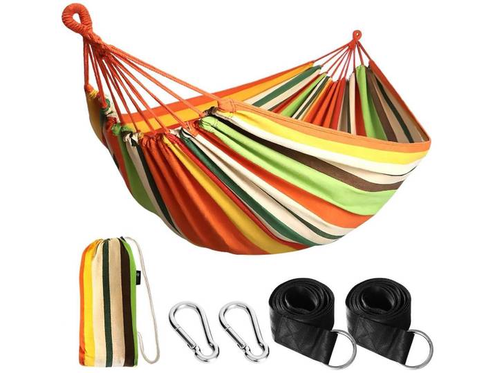 Hängematte Baumwolle Orange mit Gurten und Tasche, Mehrfarbig, 150x2.5x270 cm, Gartenmöbel, Gartenschaukeln, Hängematten